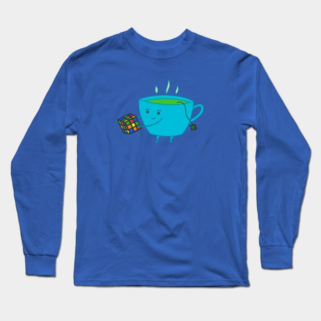 A Cup of Tea Solves Everything - cute and fun tea cup on blue Long Sleeve T-Shirt by Green Paladin